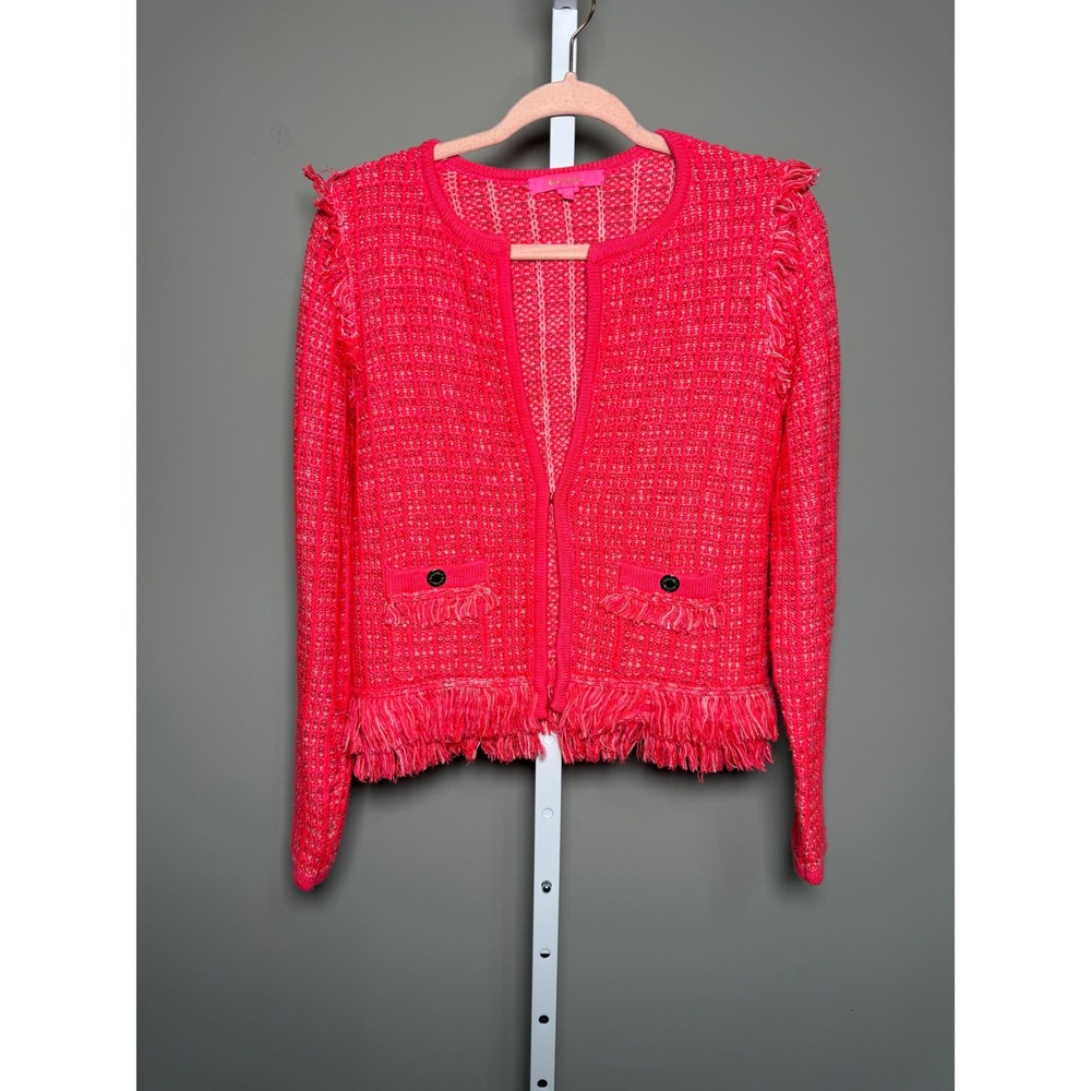 Lilly Pulitzer Simora Fringe Cardigan Spicy Coral Exotic Tweed S‎ Preppy Coastal - Picture 2 of 8